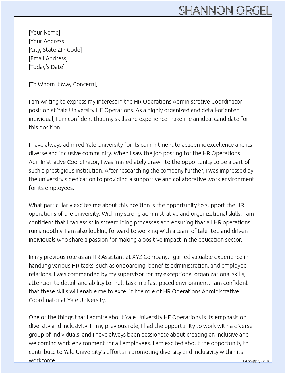 HR Operations Administrative Coordinator At Yale University HE Operations Cover Letter