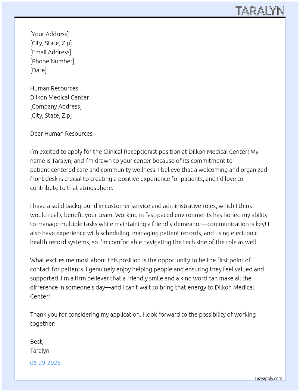 Clinical Receptionist At Dilkon Medical Center Cover Letter