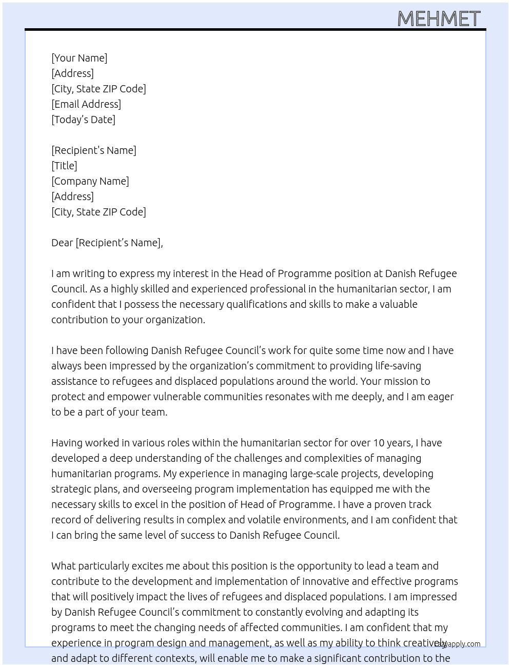 Head of Programme At Danish Refugee Council  Cover Letter