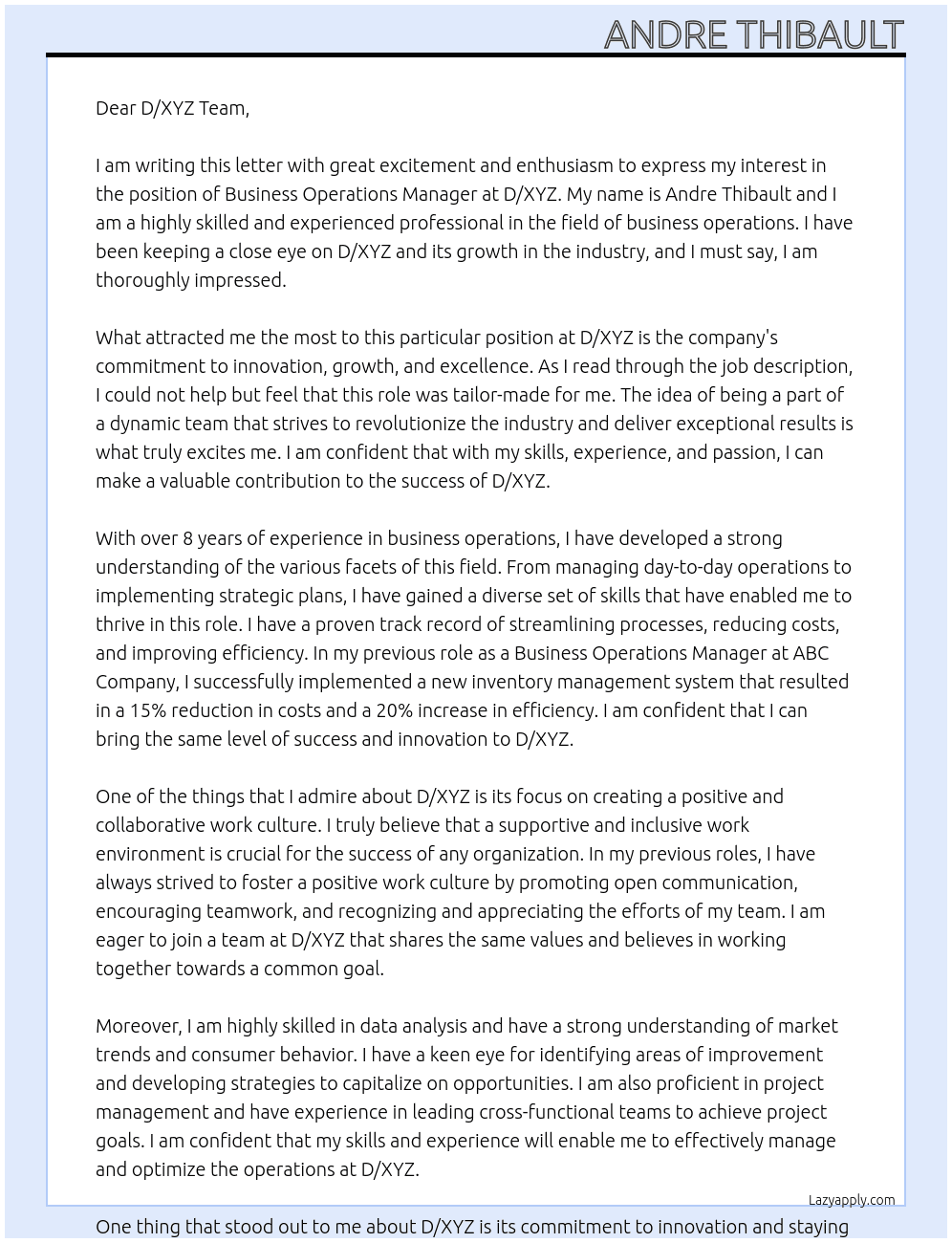 Business Operations Manager At D/XYZ Cover Letter