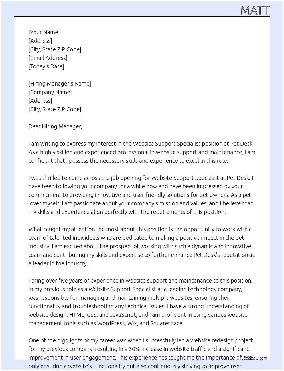 Website Support Specialist At Pet Desk Cover Letter