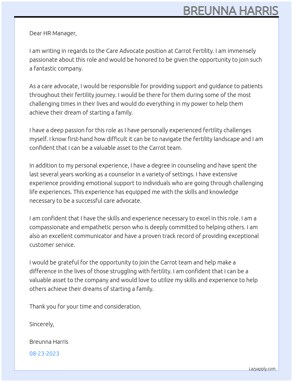 Care advocate At Carrot fertility  Cover Letter