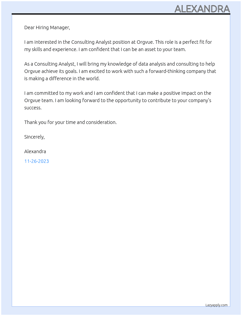 Consulting Analyst At Orgvue Cover Letter