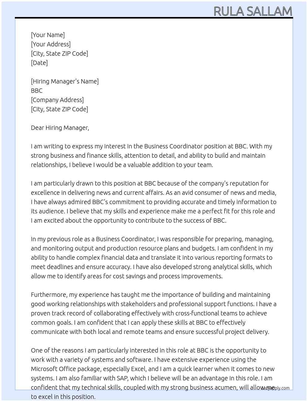 BUSINESS COORDINATOR At BBC Cover Letter