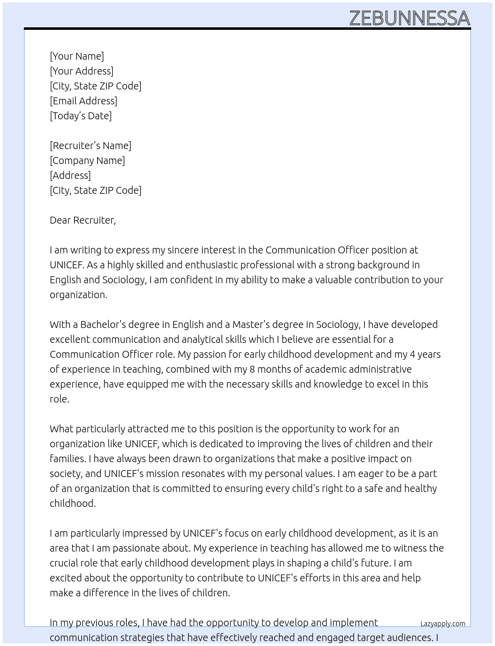 Communication Officer At UNICEF Cover Letter