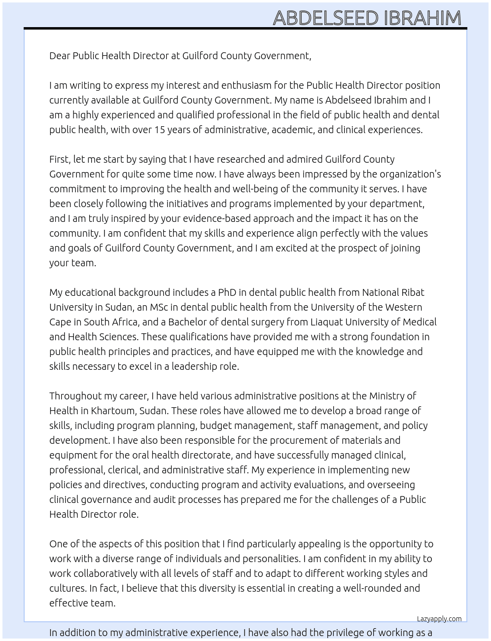 Public Health Director At Guilford County Government  Cover Letter