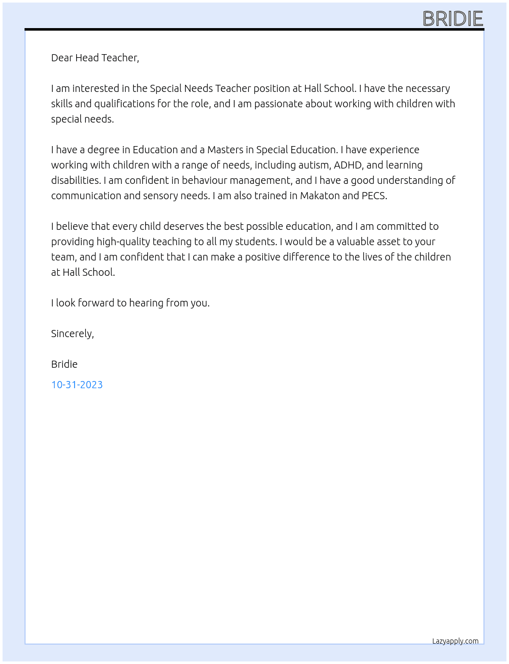 Special needs teacher At Hall School Cover Letter