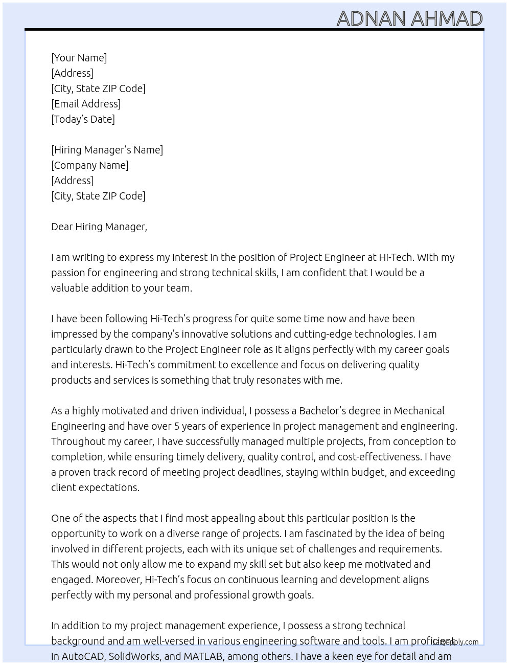 Project Engineer At Hi-Tech Cover Letter