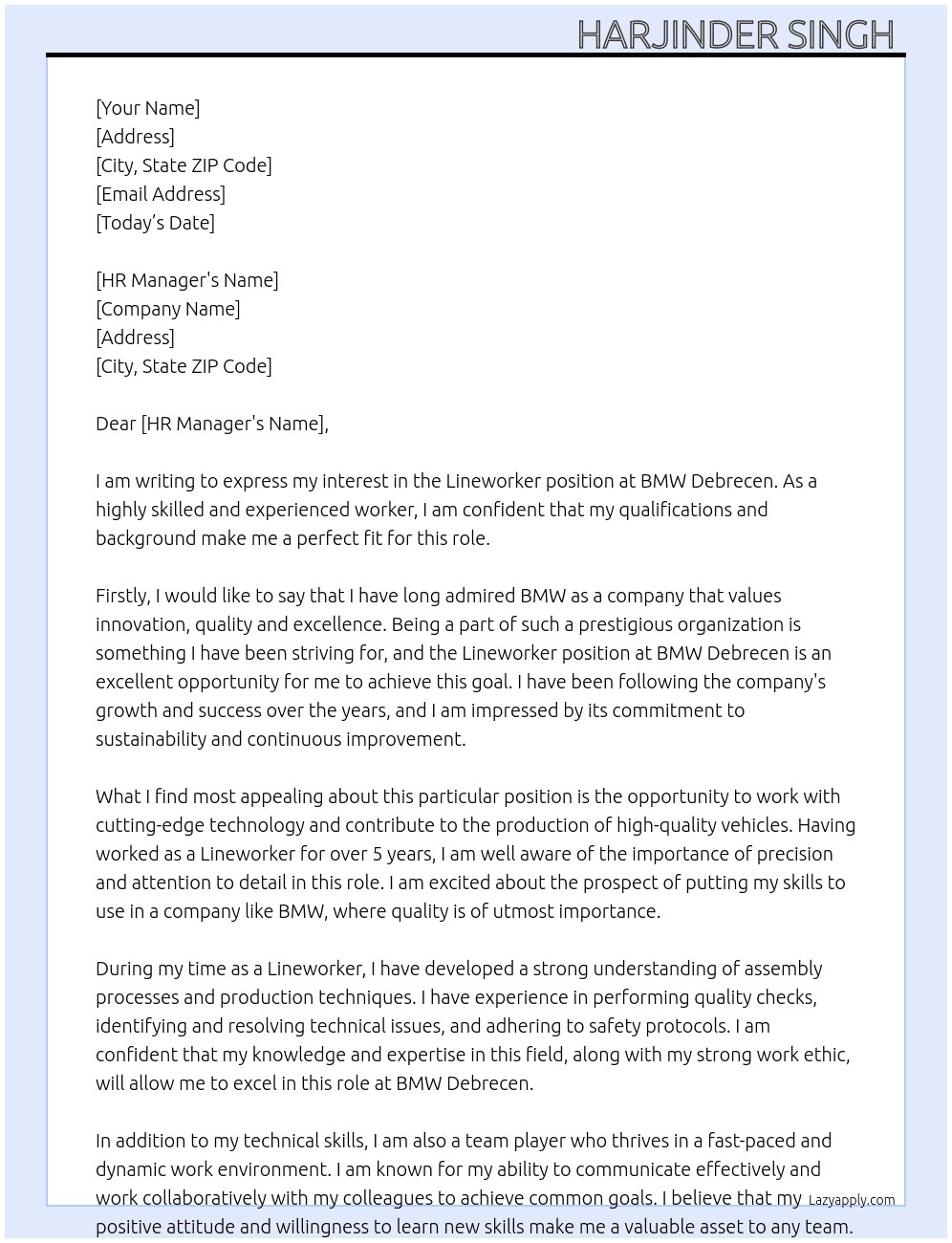 LINEWORKER At BMW Debrecen  Cover Letter