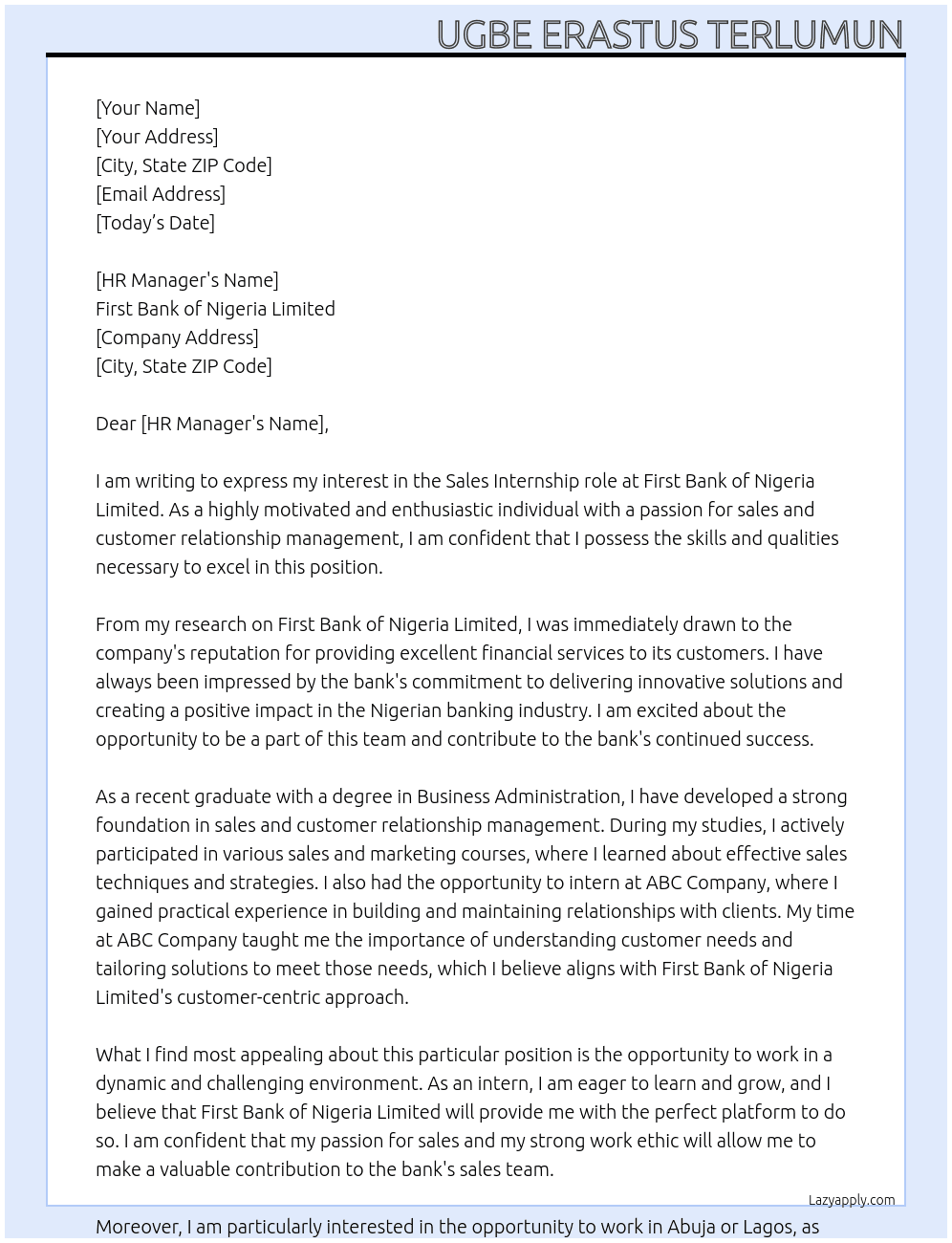 Sales At First Bank of Nigeria Limited Cover Letter