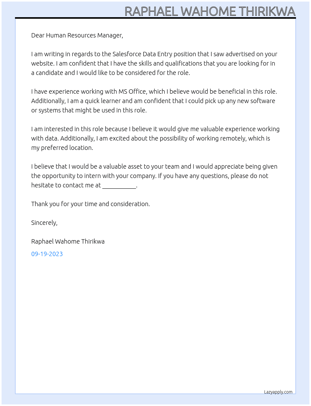 Saleforce data entry At Lafayette Square Cover Letter