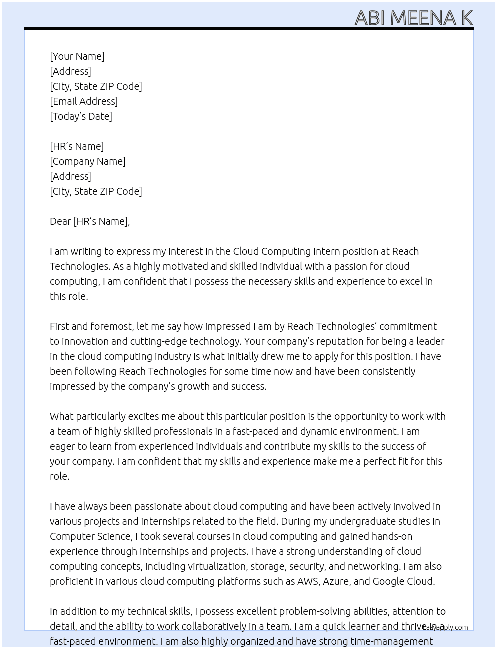 Cloud Computing Intern At Reach Technologies Cover Letter