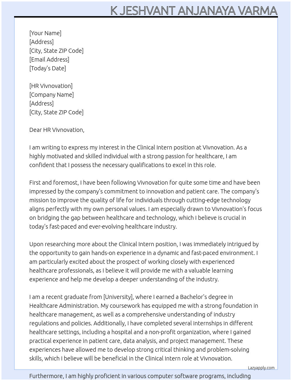 clinical intern At vivnovation Cover Letter