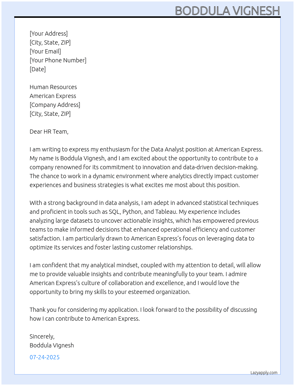 data analyst At american express Cover Letter