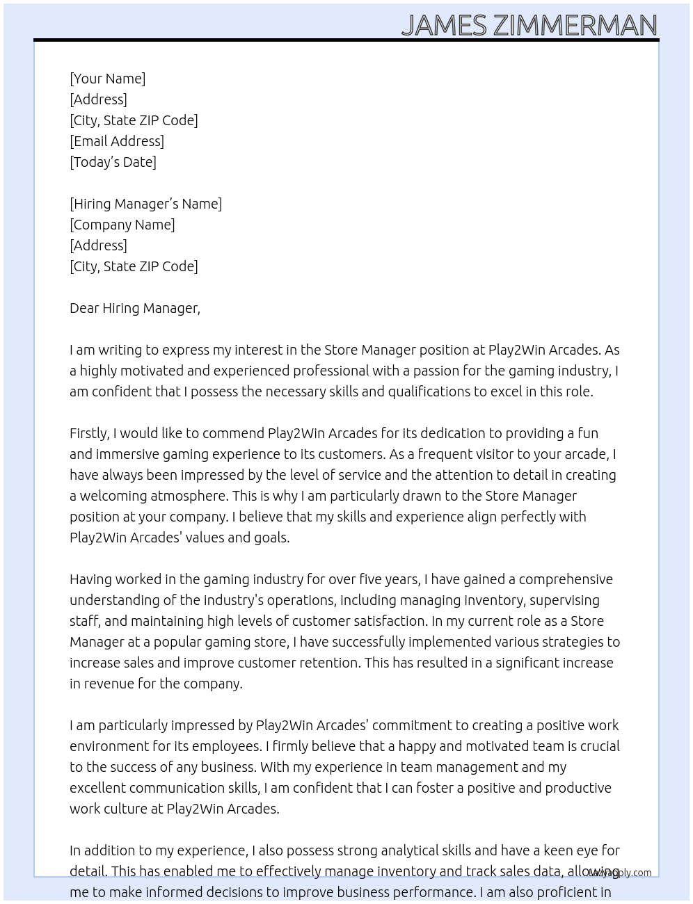 Store Manager At Play2Win Arcades Cover Letter