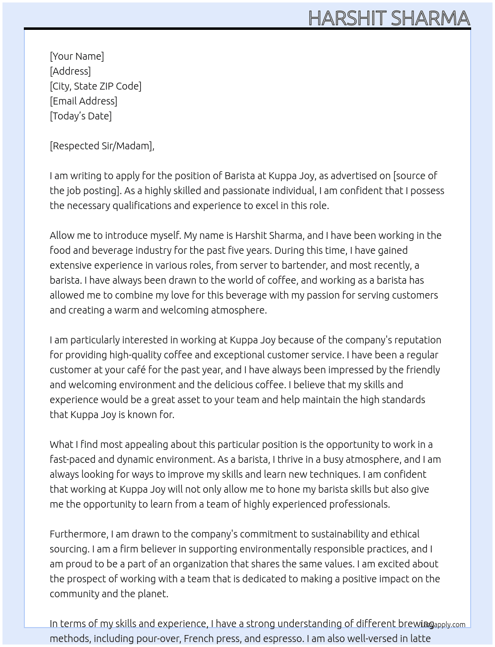 Barista At Kuppa Joy Cover Letter