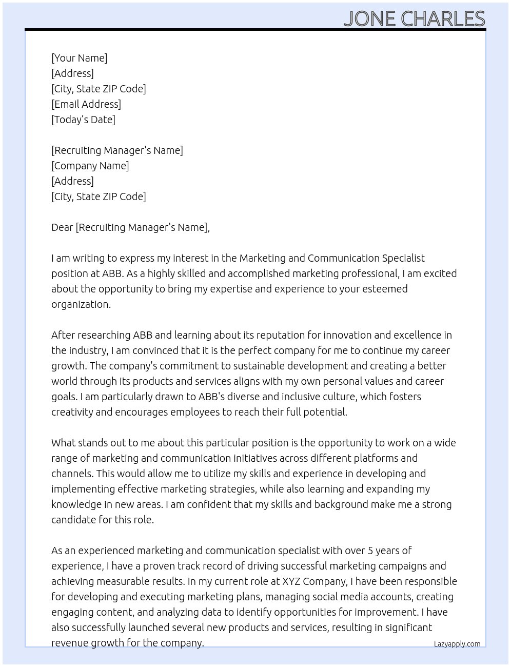 Marketing and Communication specialist At ABB Cover Letter