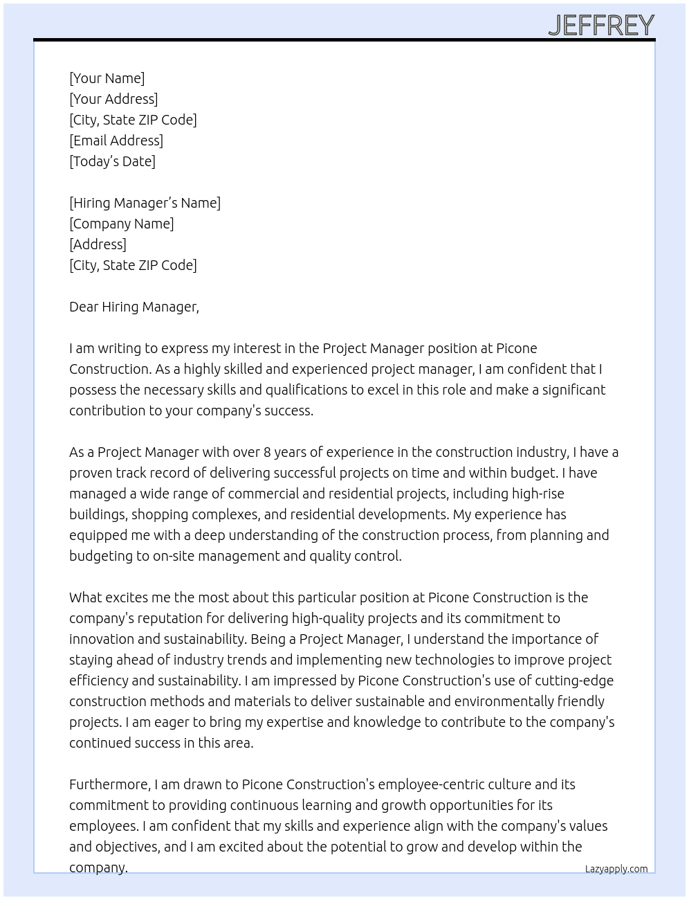 Project Manager At Picone Construction  Cover Letter