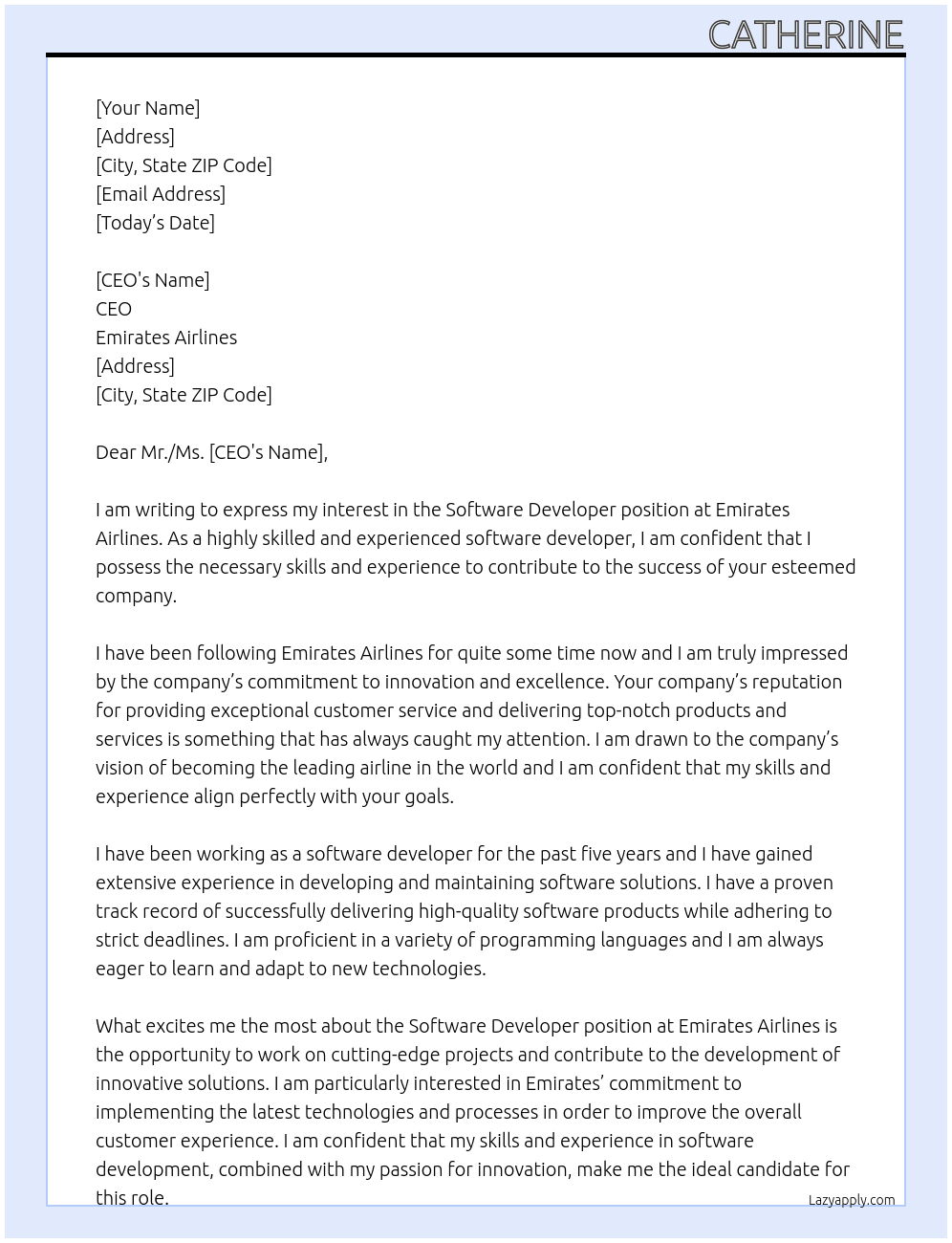 software developer At Emirates Airlanes Cover Letter
