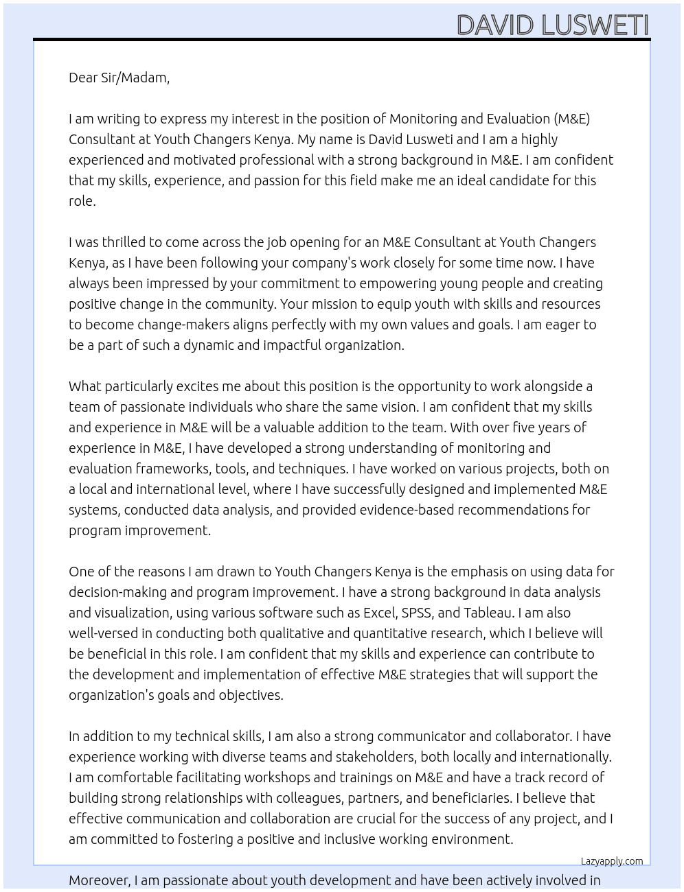 : Monitoring and Evaluation (M&E) Consultant At YOUTH CHANGERS KENYA Cover Letter