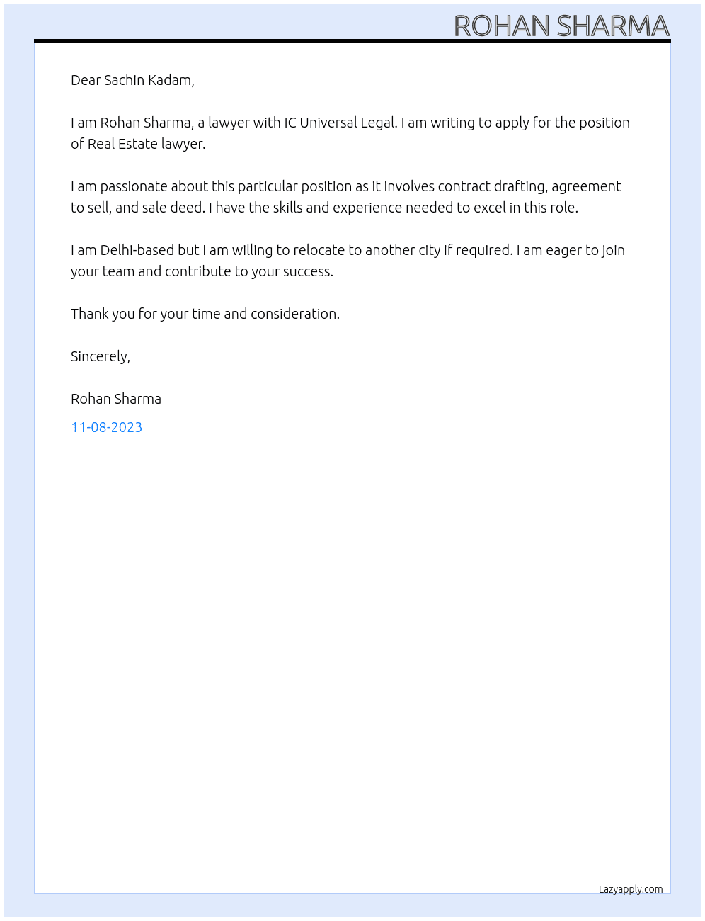 Real Estate lawyer At IC Universal Legal  Cover Letter