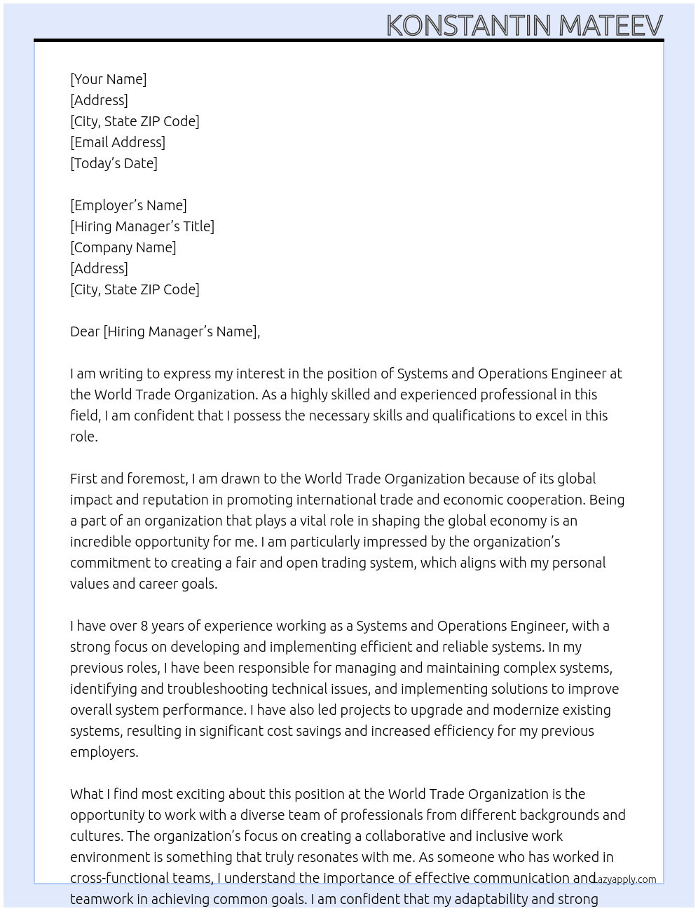 Systems and Operations Engineer At World Trade Organization Cover Letter