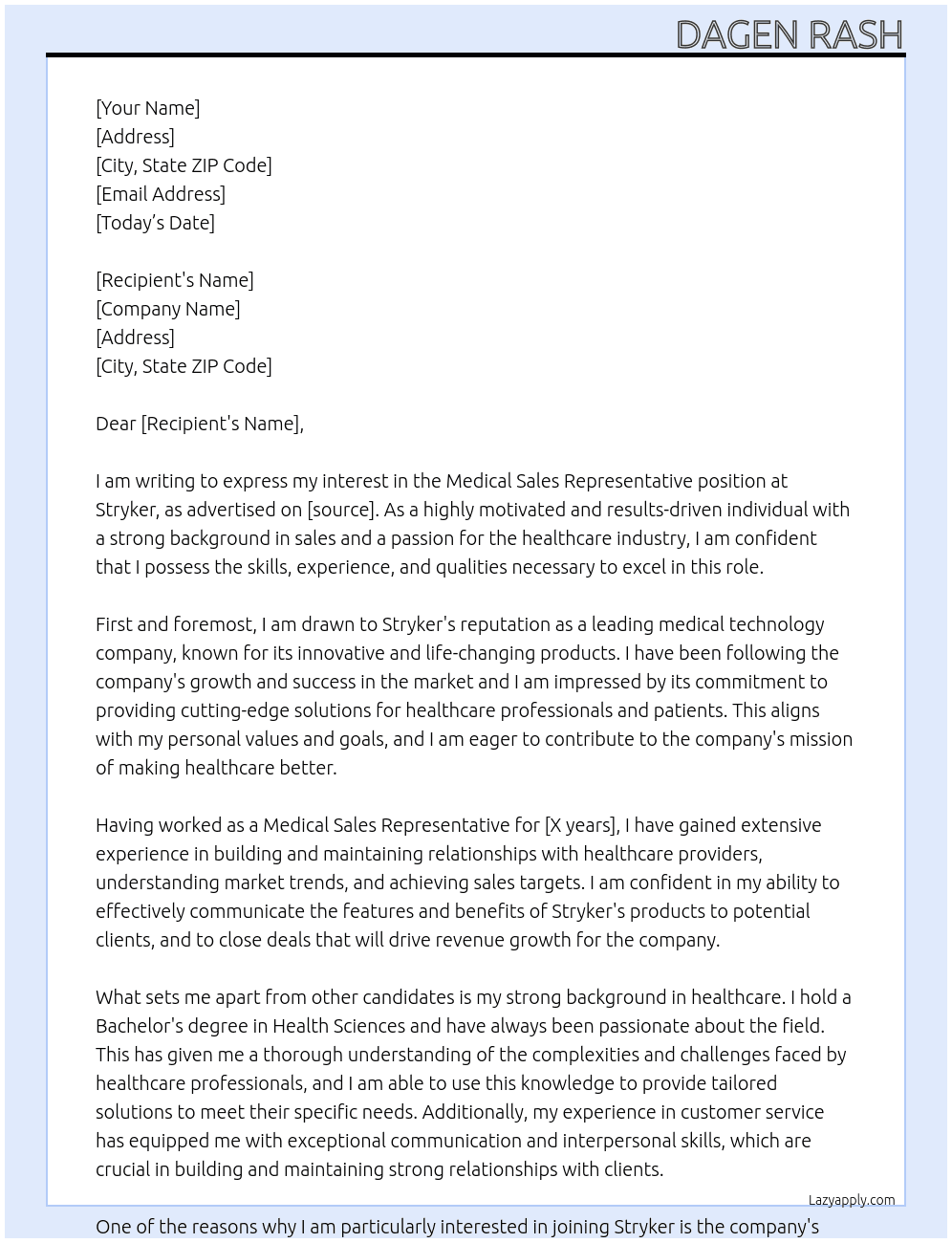 Medical Sales Representative At Stryker Cover Letter