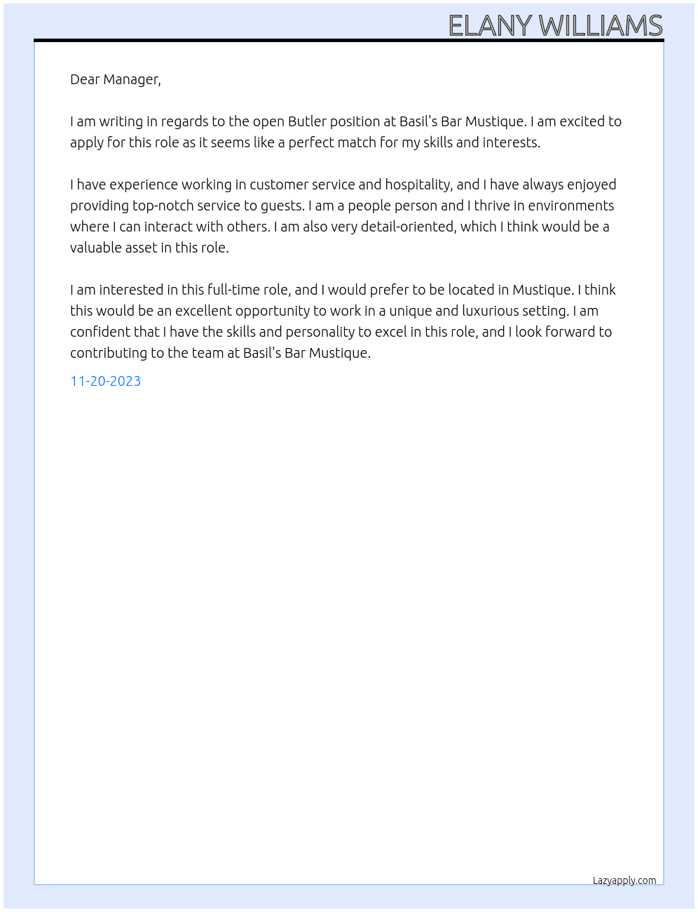 Butler At Basil's Bar Mustique Cover Letter
