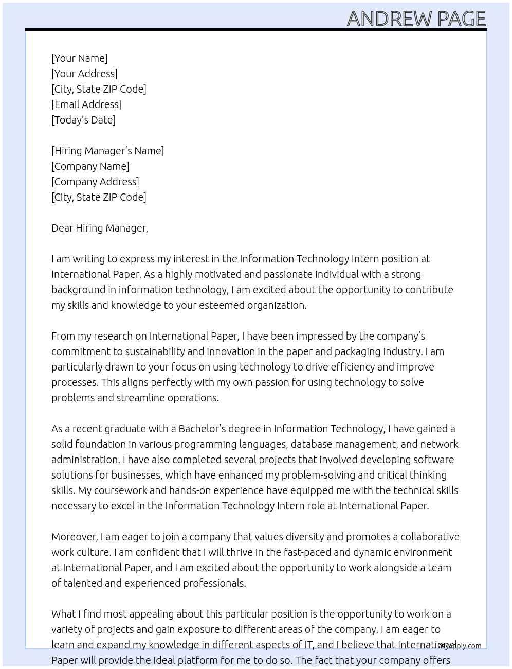 Information Technology Intern At International Paper Cover Letter
