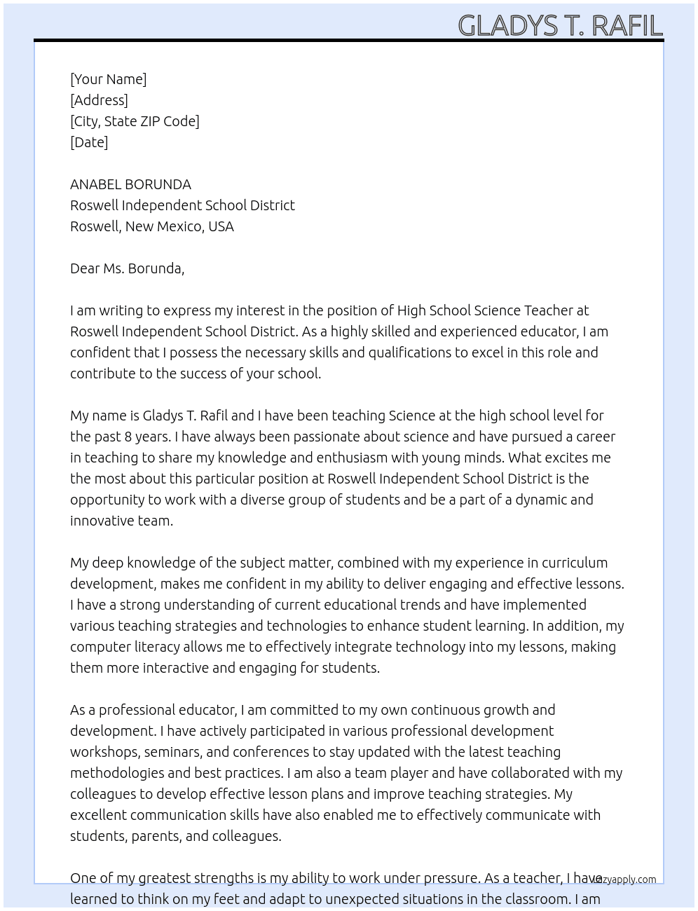 HIGH SCHOOL SCIENCE TEACHER At ROSWELL INDEPENDENT SCHOOL DISTRICT Cover Letter
