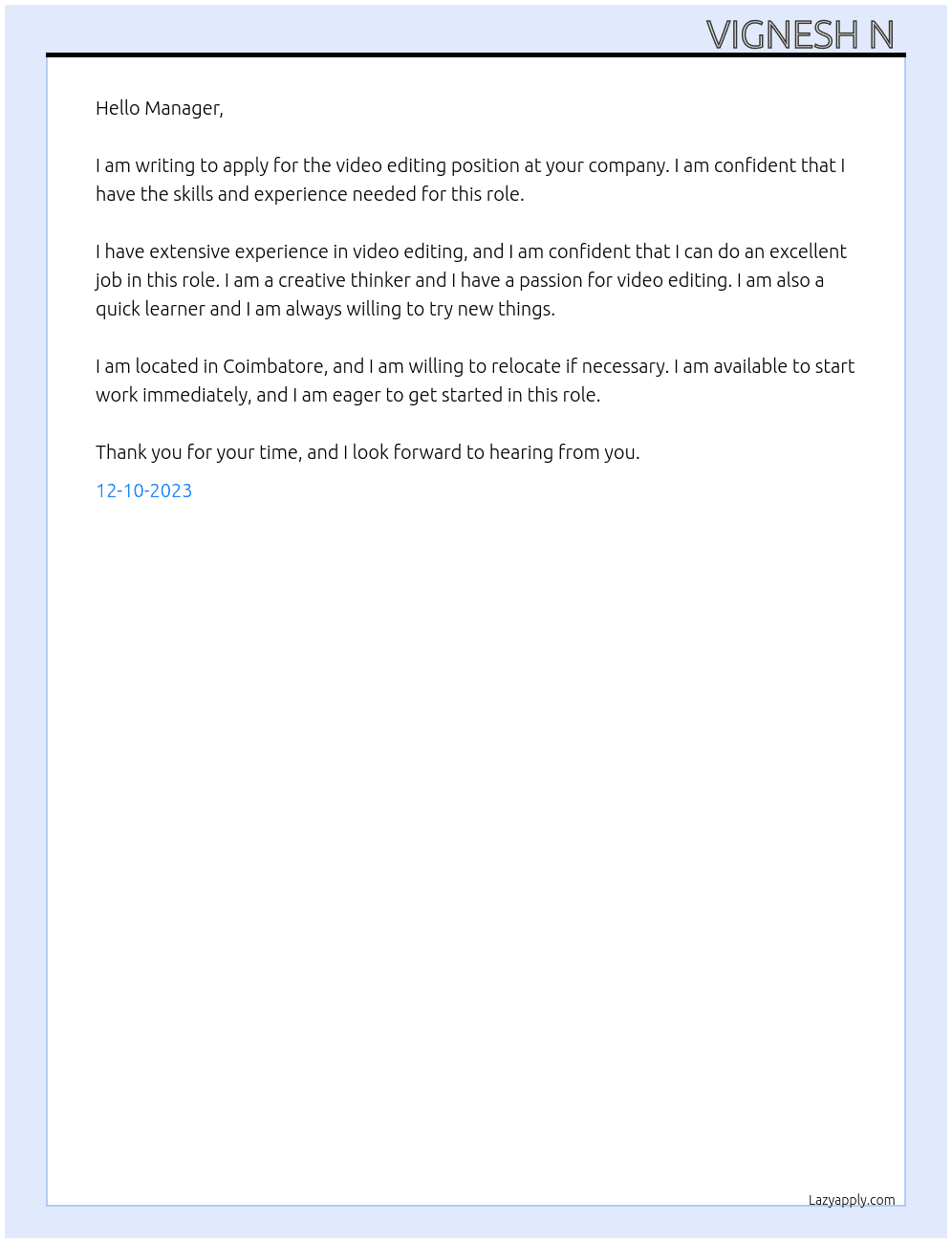 video eaiting At video editing  Cover Letter