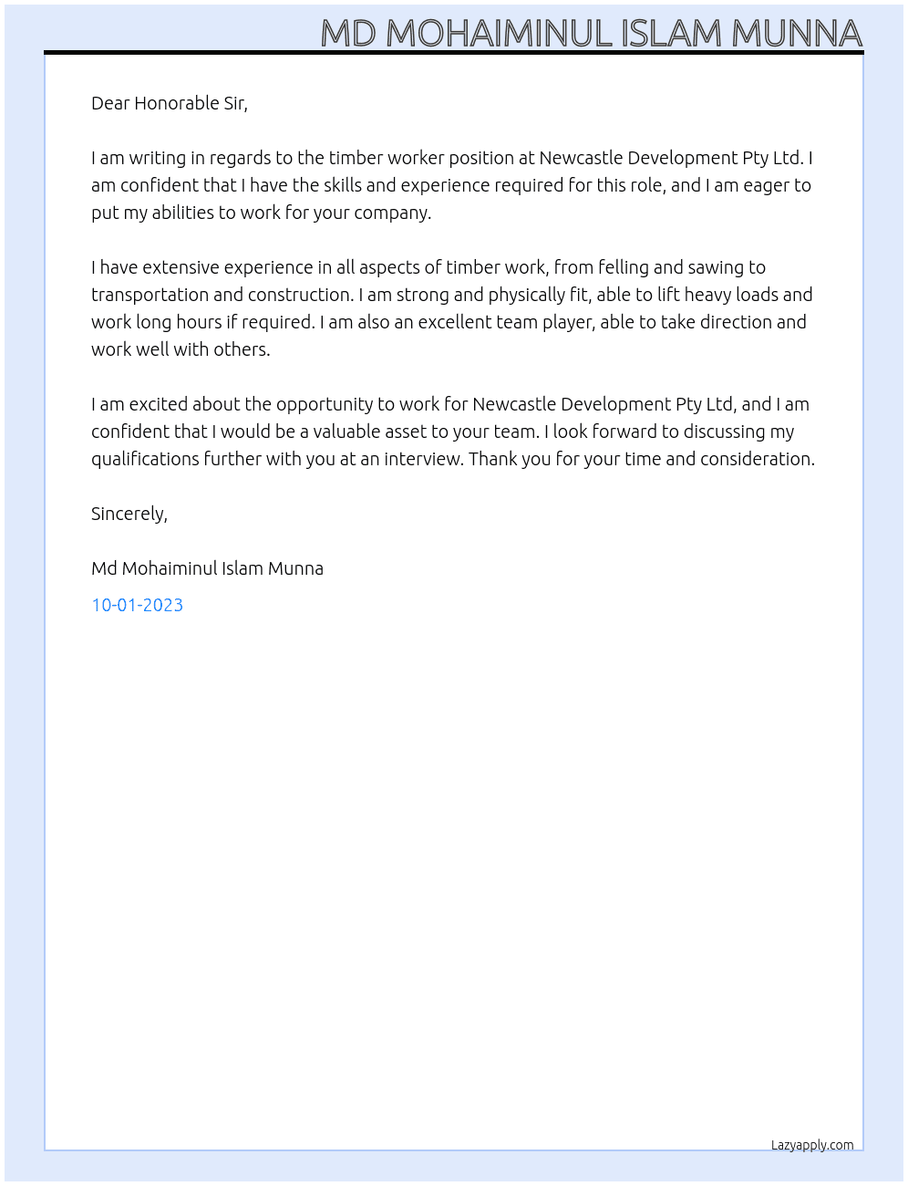 Timber Worker At Newcastle Development Pty Ltd Cover Letter