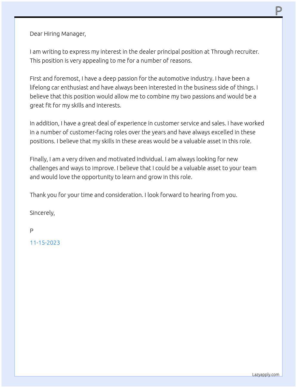 dealer principal At Through recruiter Cover Letter