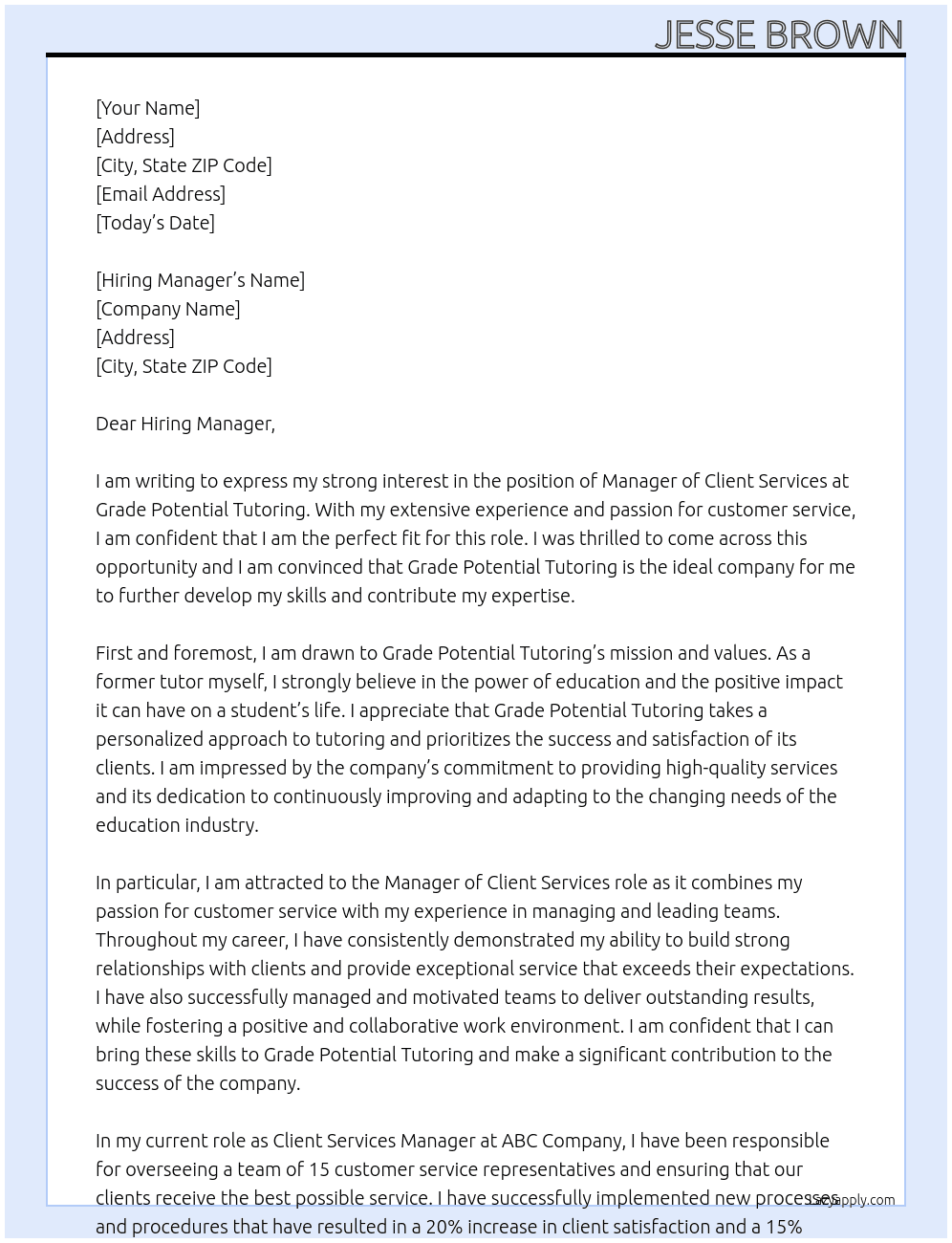Manager of Client Services  At Grade Potential Tutoring  Cover Letter