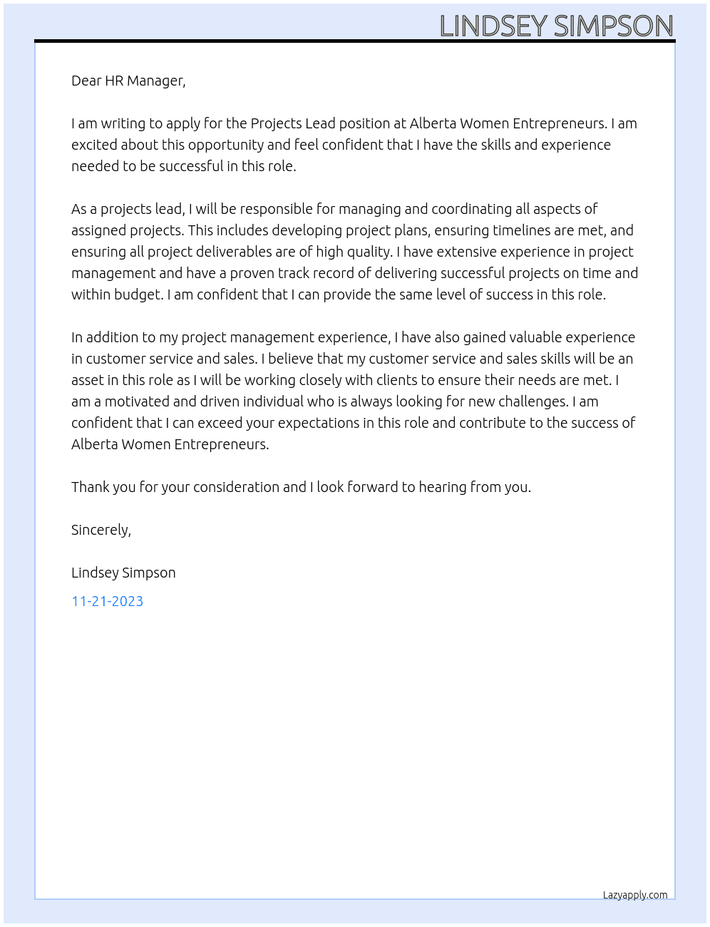 Projects Lead At Alberta Women Entrepreneurs Cover Letter