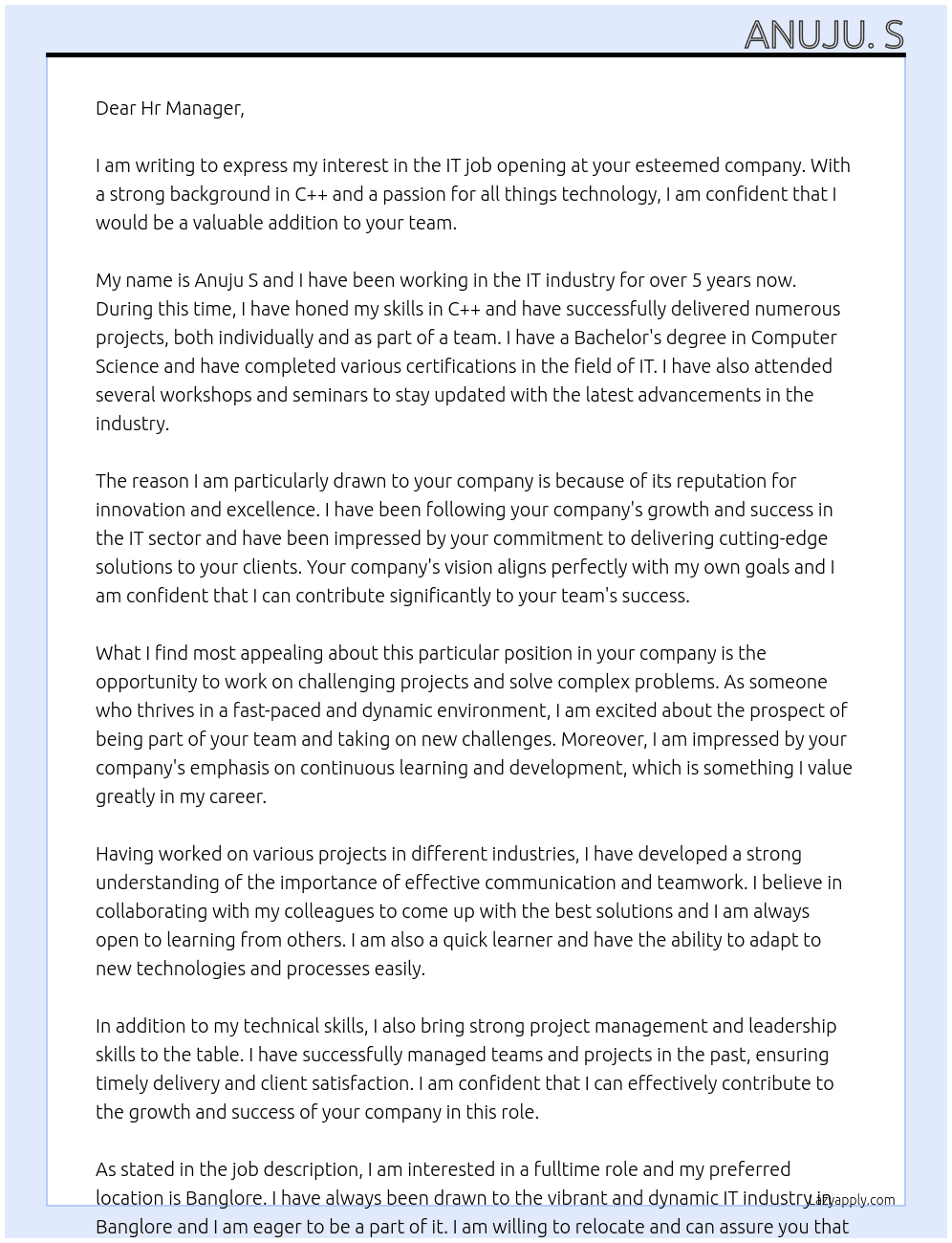 IT job At It company Cover Letter