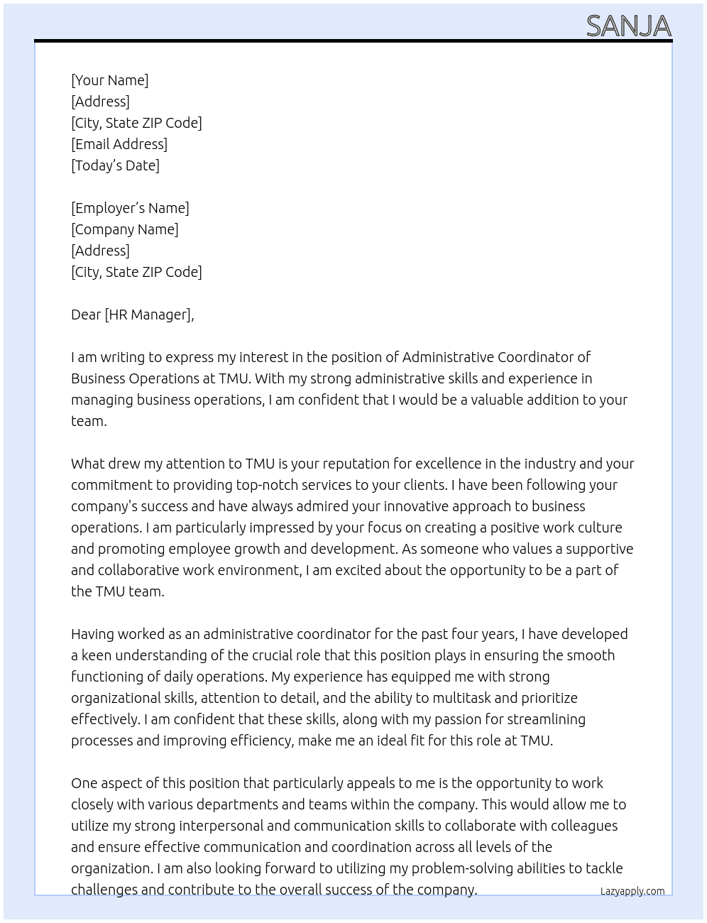 Administrative Coordinator of Business Operations At TMU Cover Letter