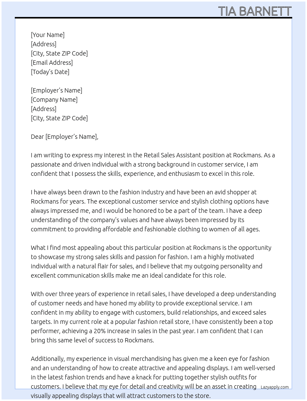 Retail  sales assistant  At Rockmans Cover Letter