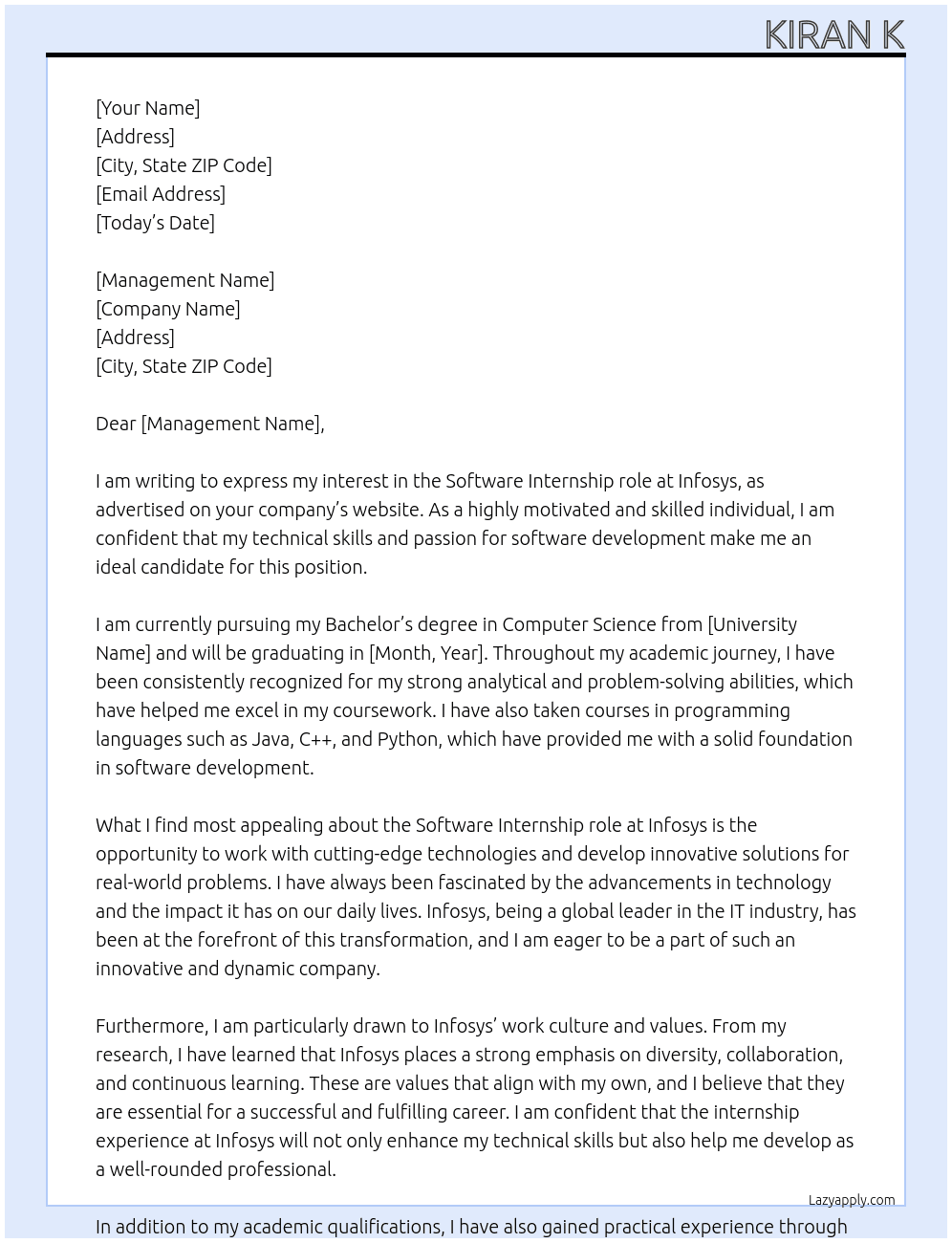 Software  At Infosys  Cover Letter