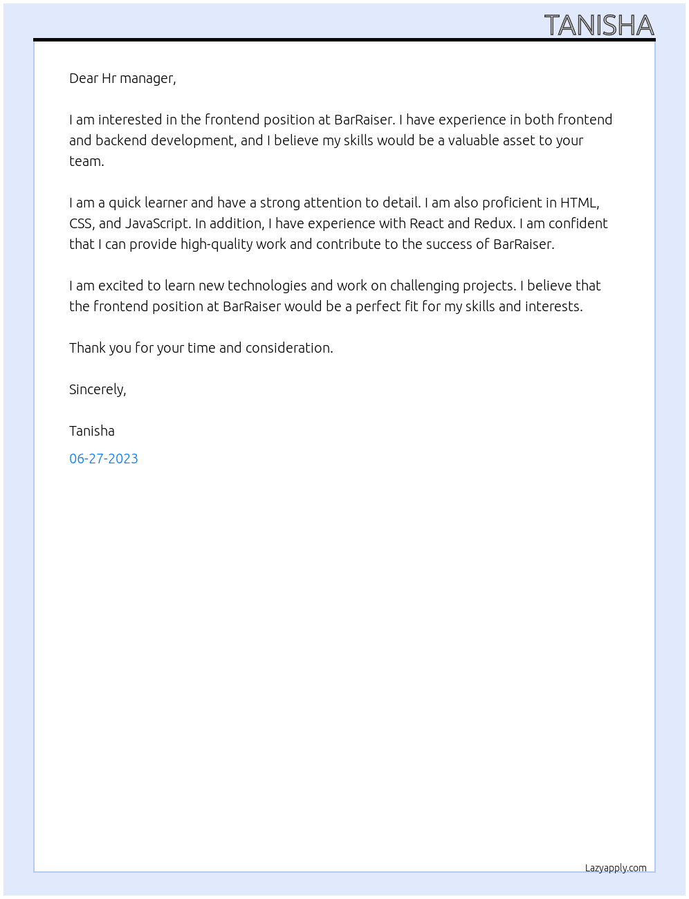 Frontend At BarRaiser Cover Letter