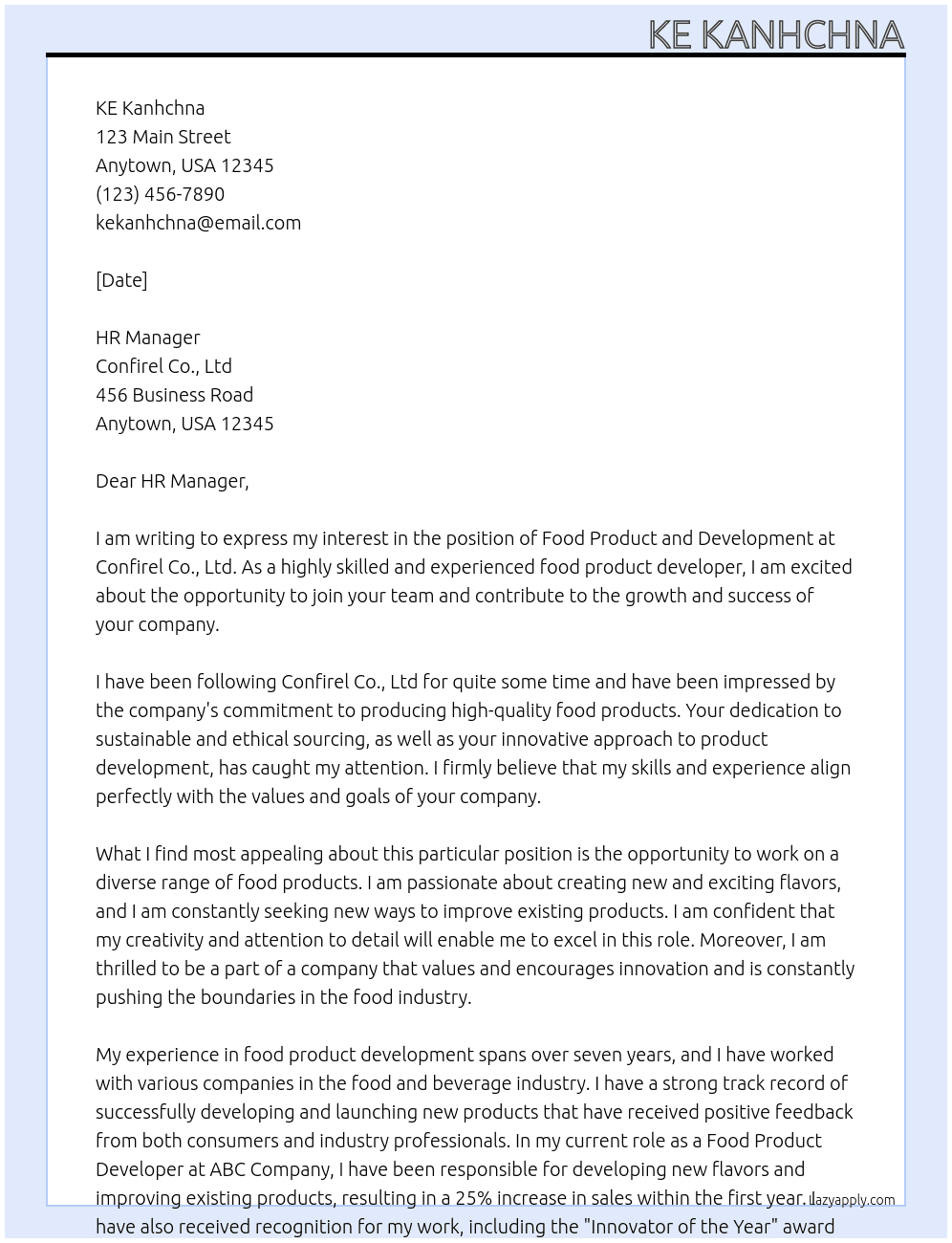 Food Product and Development  At Confirel Co., Ltd Cover Letter