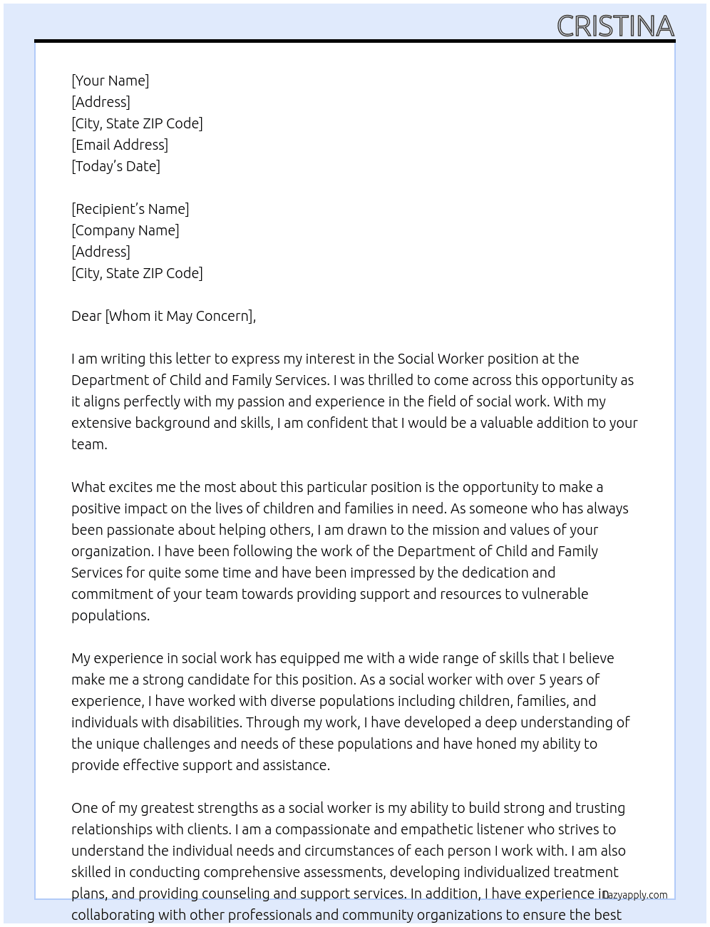 Social Worker At Department of Child and Family Services Cover Letter