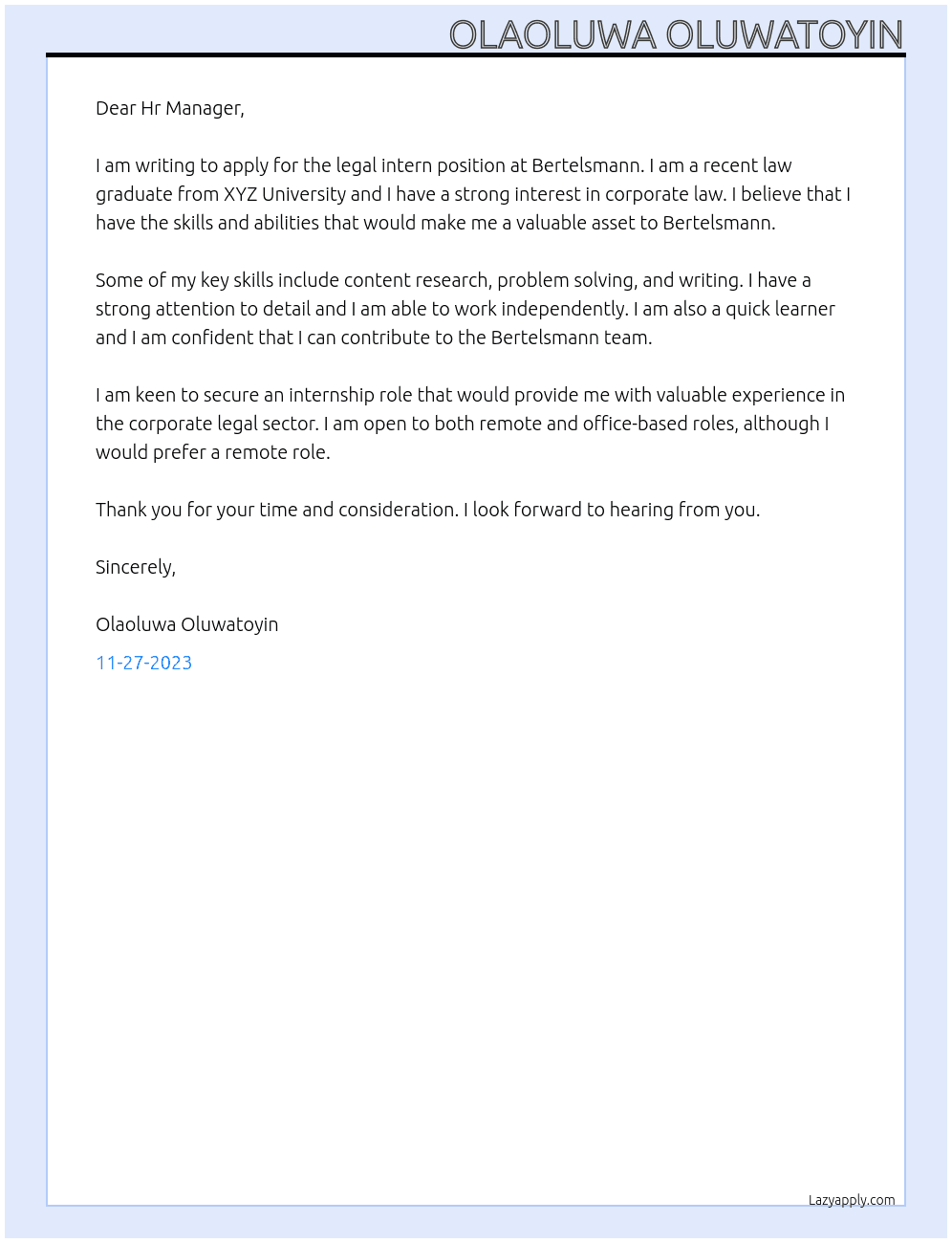 Legal intern At BERTELSMANN Cover Letter