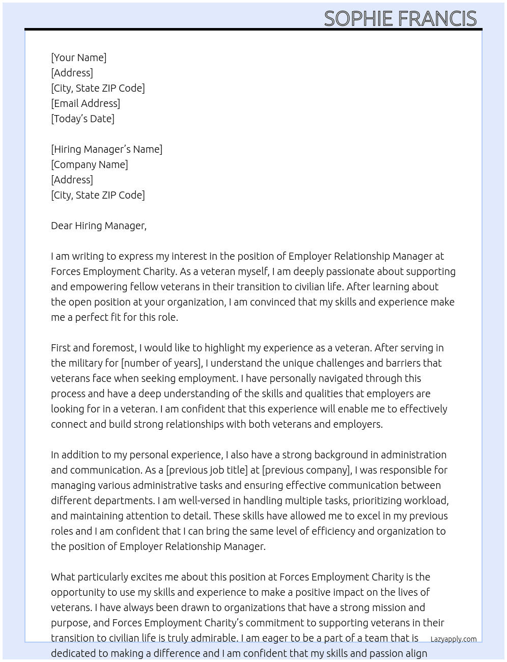 Employer relationship manager  At Forces employment charity  Cover Letter