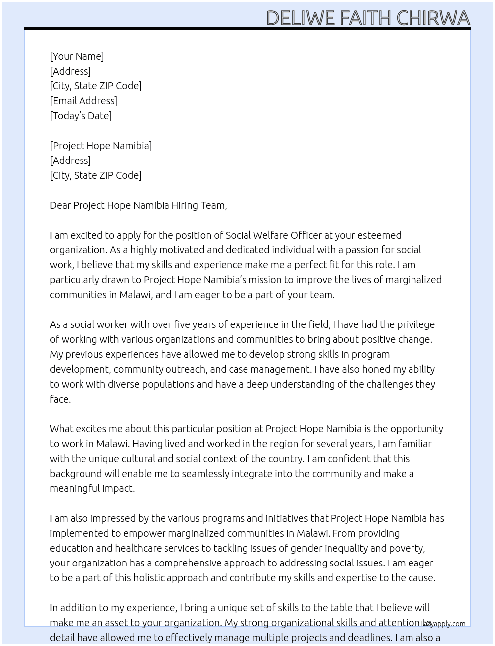 social welfare officer At Deliwe Faith Chirwa Cover Letter