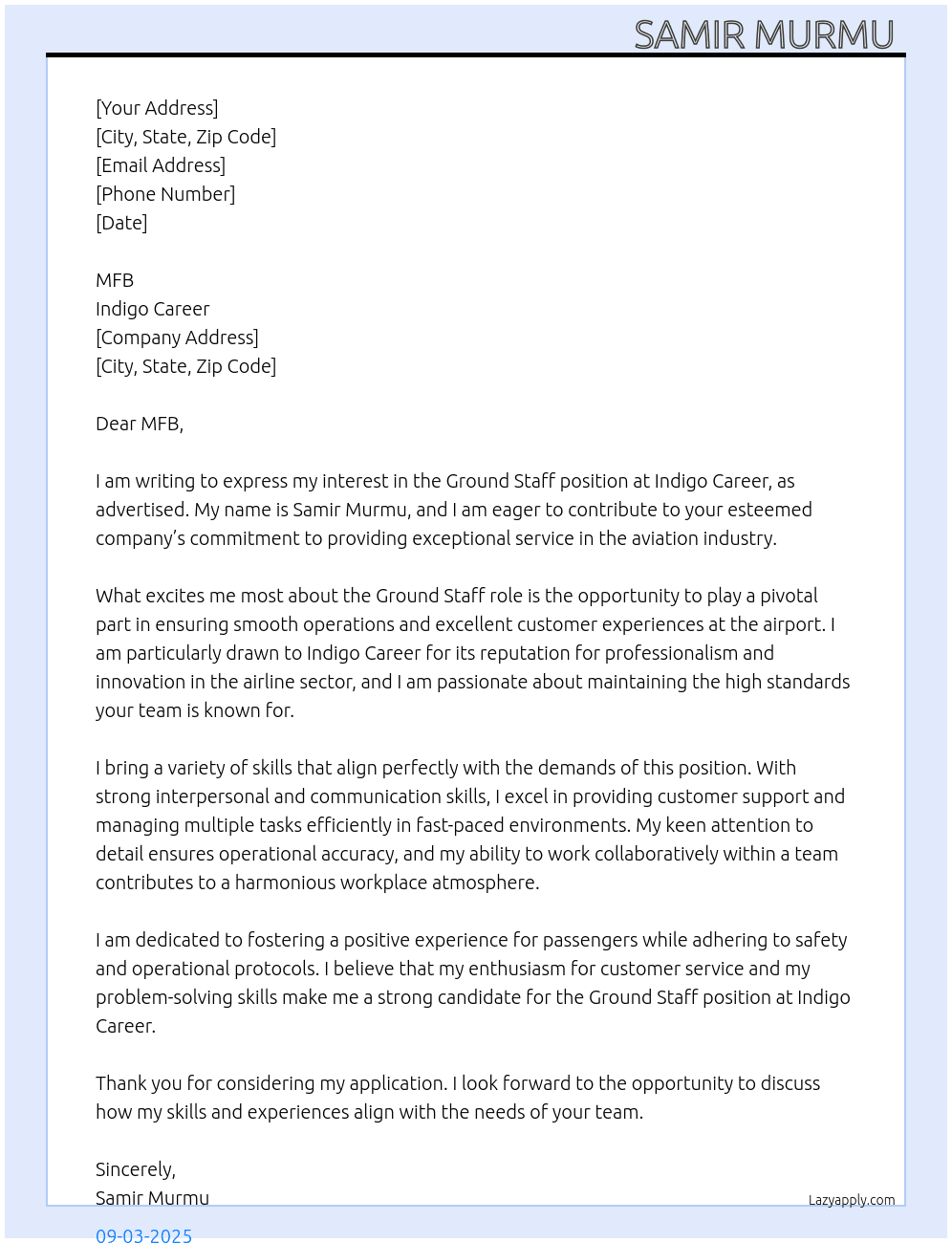 Ground staff At Indigo career Cover Letter
