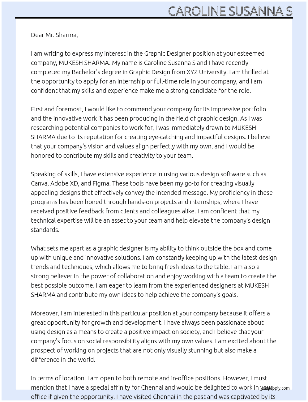 graphic designer At MUKESH SHARMA Cover Letter