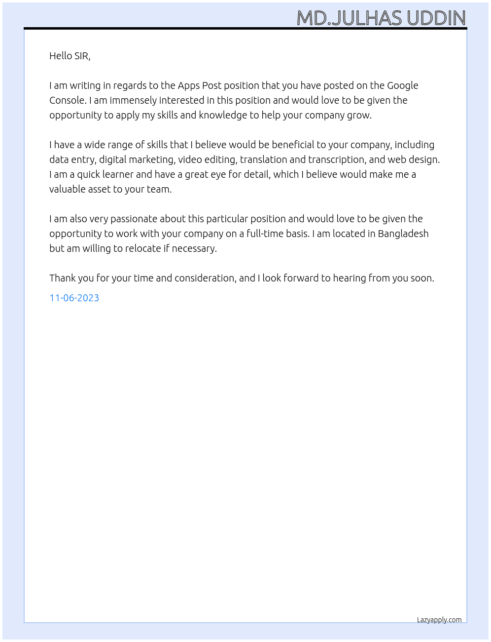 Apps Post of google console At apps Devoloper company Cover Letter