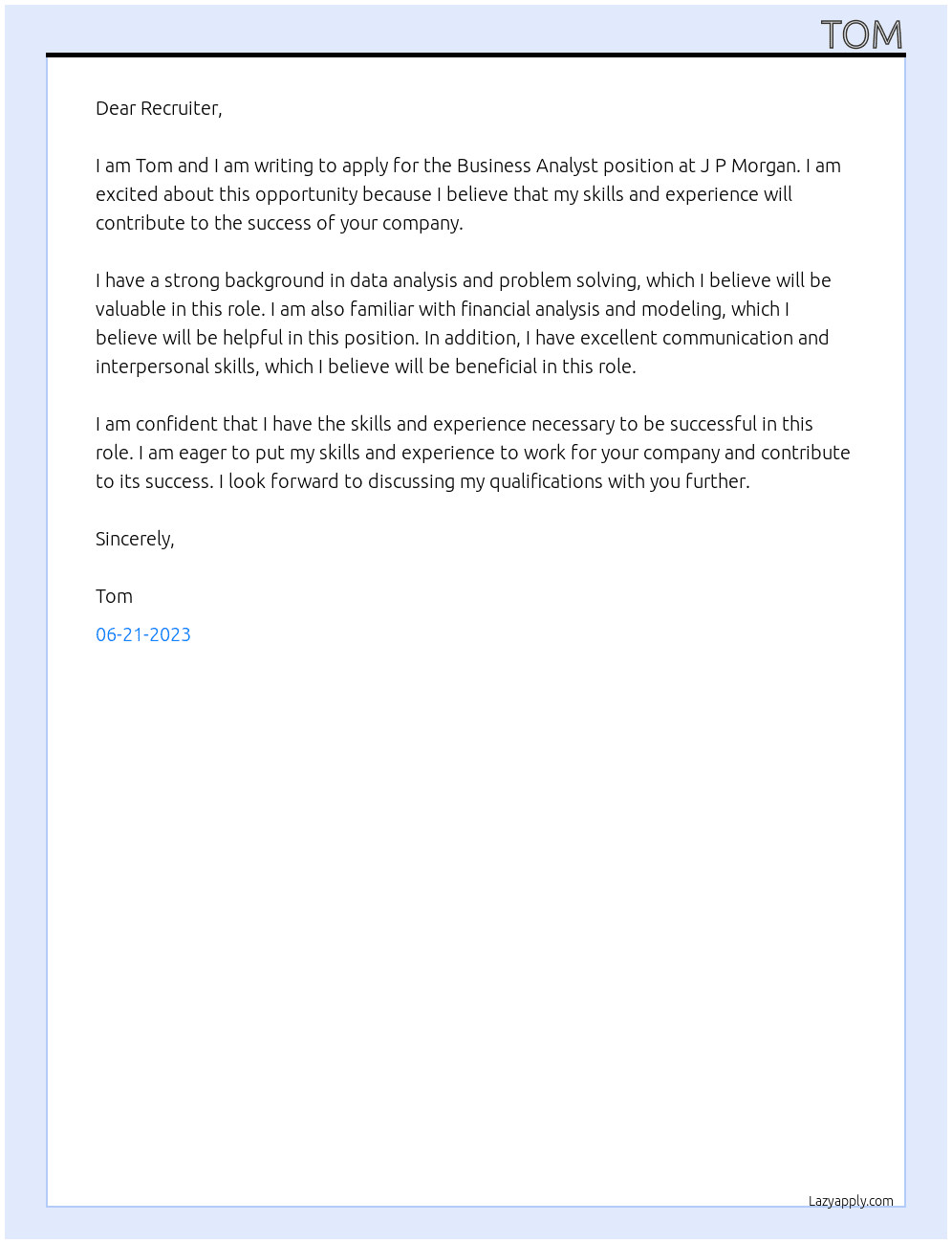 Business Analyst At J P Morgan Cover Letter