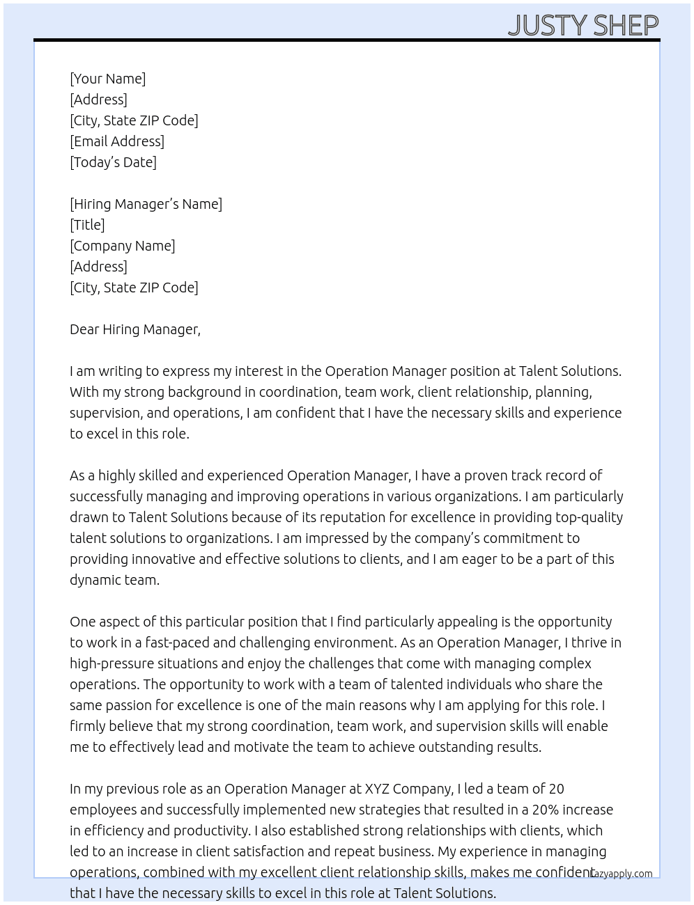 Operation Manager At Talent Solutions Cover Letter